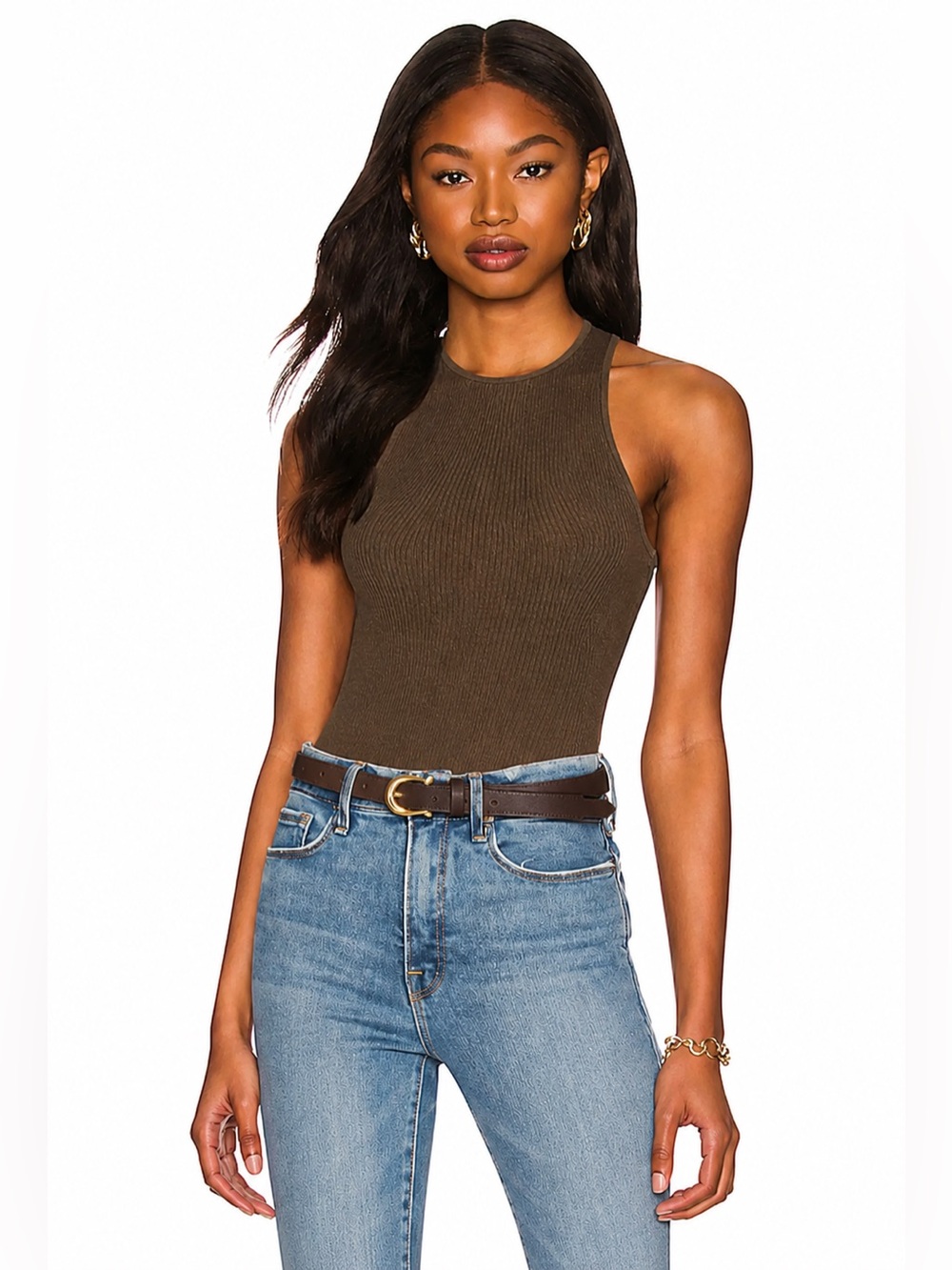 Good American Angled Rib High Neck Bodysuit Mocha Size 2/M Sculpting Rib Knit